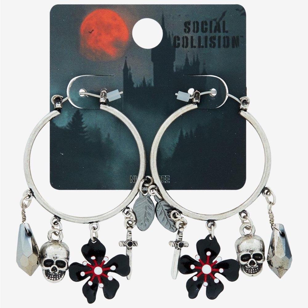 Social Collision Skull & Sword Charm Hoop Earrings‎ Hot Topic